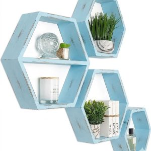 Set 4 rafturi hexagonale cu prindere ascunsa, Not So Shabby, bleu antichizat