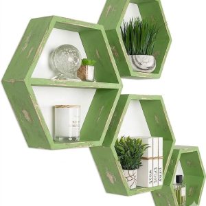 Set 4 rafturi hexagonale cu prindere ascunsa, Not So Shabby, verde deschis antichizat