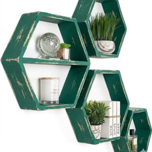 Set 4 rafturi hexagonale cu prindere ascunsa, Not So Shabby, verde inchis antichizat